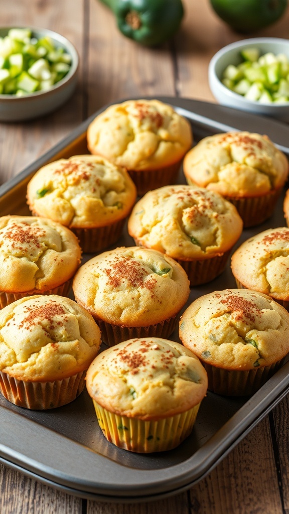 Healthy Yogurt Zucchini Muffins Recipe Freshly baked yogurt zucchini muffins on a wooden tray, showcasing their golden color and texture.